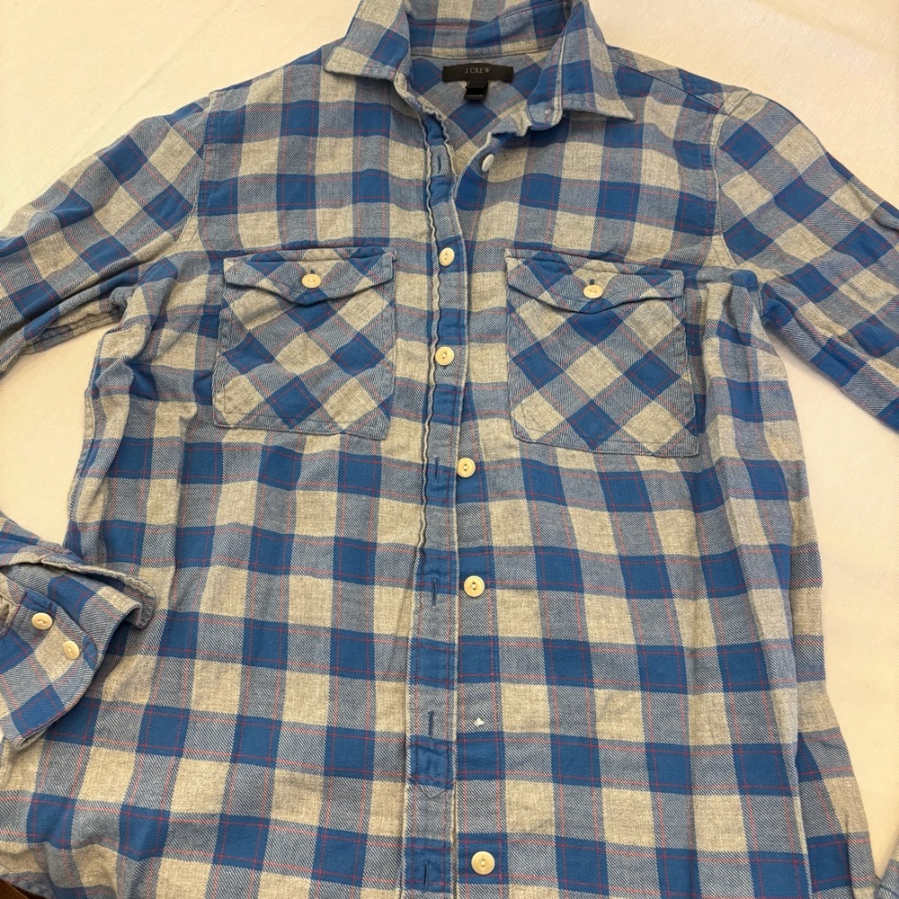 J. Crew Blue and Gray Plaid Women's Flannel Button-Down Shirt